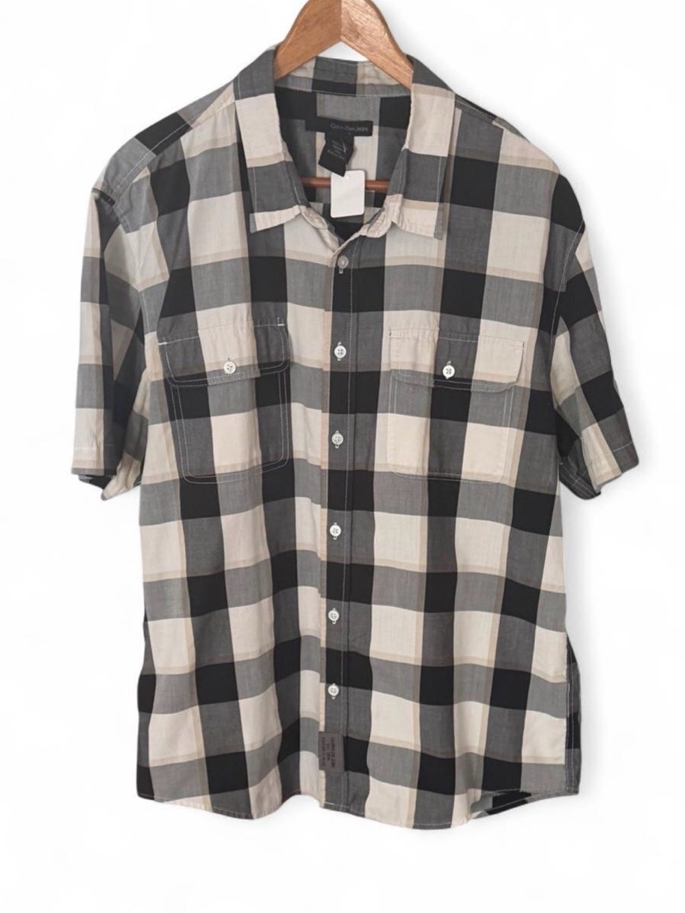 Calvin Klein Black & White Short-Sleeve Plaid Button-Down Shirt Dual Pocket XL